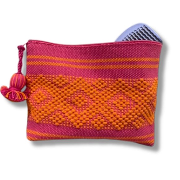 2-PACK SET HANDWOVEN PINK & ORANGE MAKE UP ACCESSORY BAGS 100% COTTON EXTERIOR - Picture 9 of 10